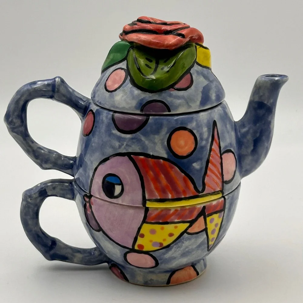 Bella Casa by Ganz Tropical Fish Ceramic Stackable Tea for One Set Whimsical